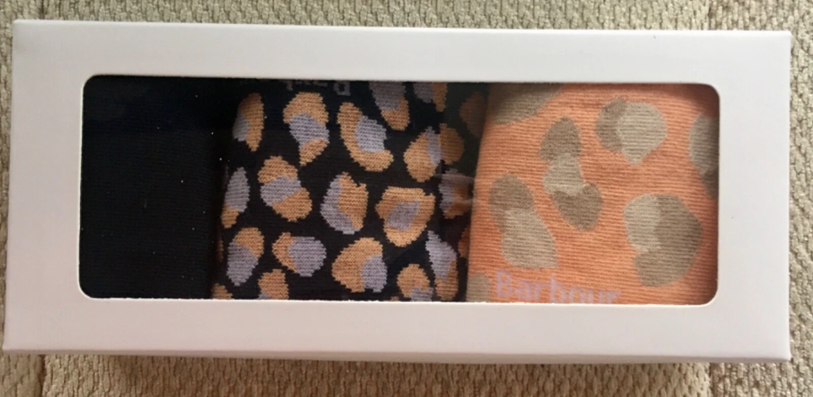 BARBOUR ANIMAL PRINT SOCKS ~ ONE SIZE ~ 3 IN BOX ~ SHADE IS PEACH ~ 78% COTTON