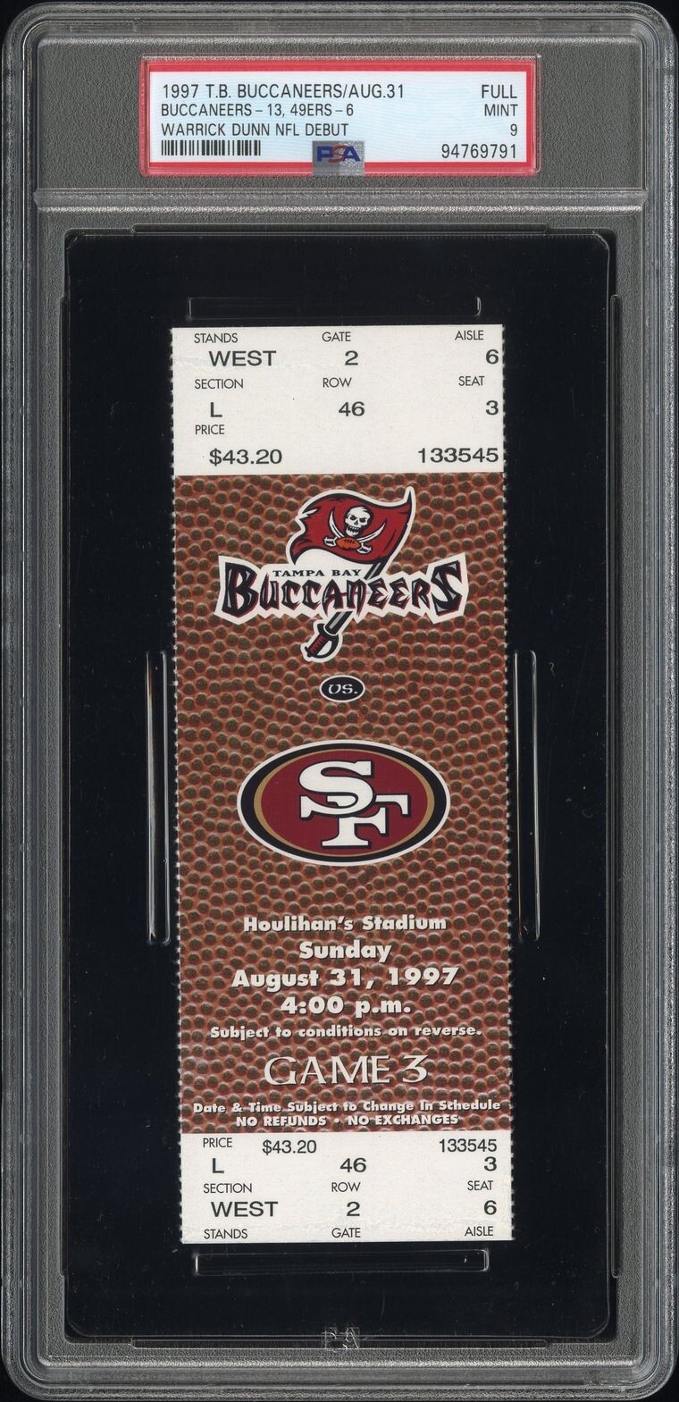 1997 Warrick Dunn NFL Debut Full Ticket PSA 9 Pop 1 None Higher Buccaneers 8/31