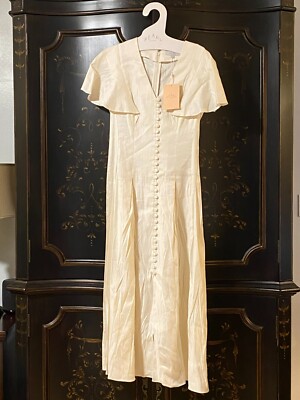 $455 Pearl by Lela Rose Linen Flutter Sleeve Midi Dress Ivory