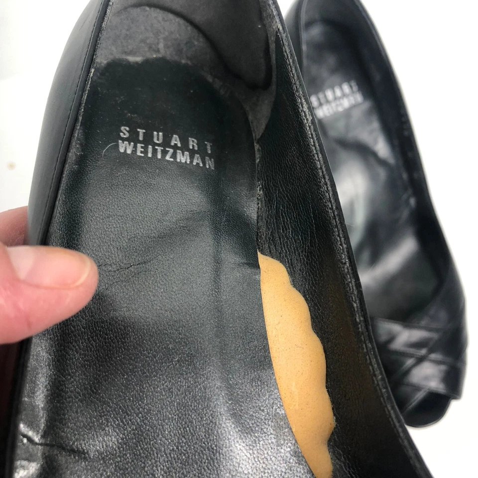 Stuart Weitzman Size 3” Heel Black Leather Slip On Open Toe Rockabilly womans - Image 3 of 4