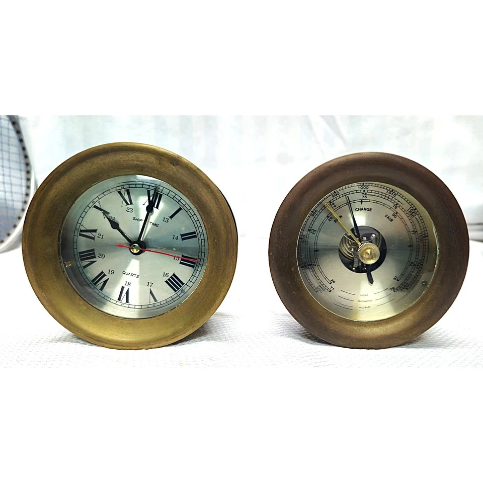 Reloj y barómetro de cuarzo vintage de latón para barco  Foto 3 de 4