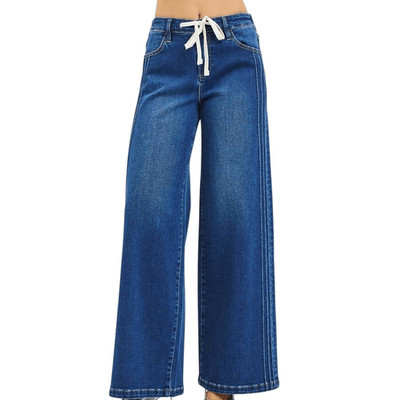 RISEN Mid Rise Wide Side Pintuck Denim Jeans Flat Front Drawstring  Size 7