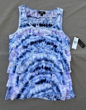 AGB Tie Dye Ruffles Womans Sleeveless Blue Top Size Large Made in USA NWT