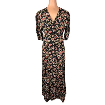 #ad Vintage 90s Express Floral Maxi Dress Button Down Prairie Cottagecore Black $54.00