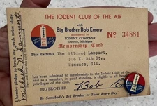 Vtg IODENT Club Of The AIR W/Bob Emery Membership Card/Pinback Button~1920s/30s