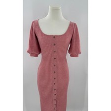 Saylor Pink Knit Dress Puff Sleeve Bodycon Midi Button Up Sweater Small 