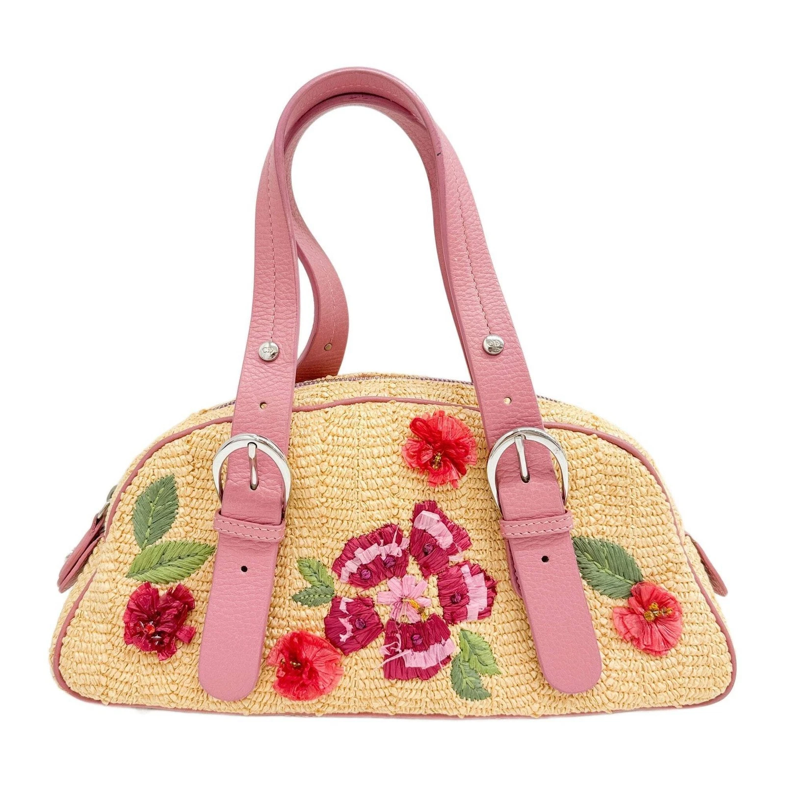 Dior — DIOR Floral Applique Pink & Tan Raffia Hand Bag