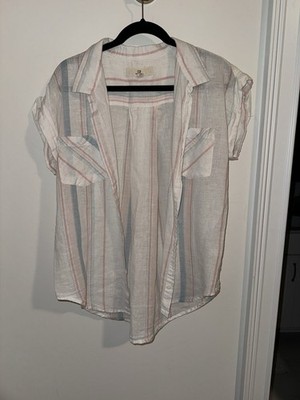 Thread And Supply Women s Short Sleeve Blouse Striped Button Down Large