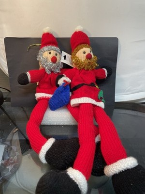 Knitted Knit Crochet Type Santa Claus Dolls Figure 17  Vintage Set Of 2