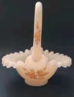 Vintage Fenton Hand Painted Satin Custard Ruffled Glass Basket - 7 1/2 in. tall