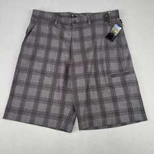 Pebble Beach Performance Shorts Mens 34 Gray Plaid Golf Stretch Tech Zip Pocket
