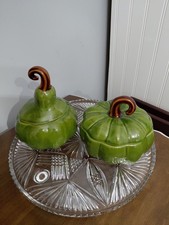 Set of 2 WILLIAMS SONOMA Ceramic Green Pumpkin & Gord W/Lids