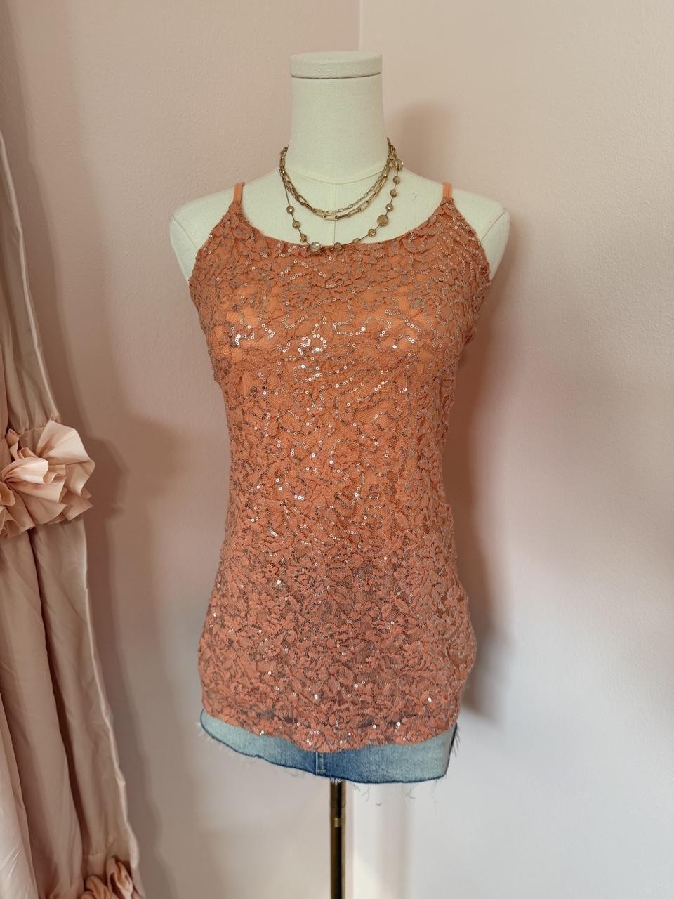 Y2K Vanity Essentials Peach Sequin Lace Cami Tank Top | Coral Layering Top
