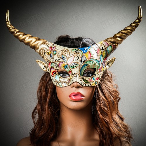 Krampus Gold Horn Crackle Venetian Devil Women Masquerade Party Mask White Gold - Picture 5 of 6