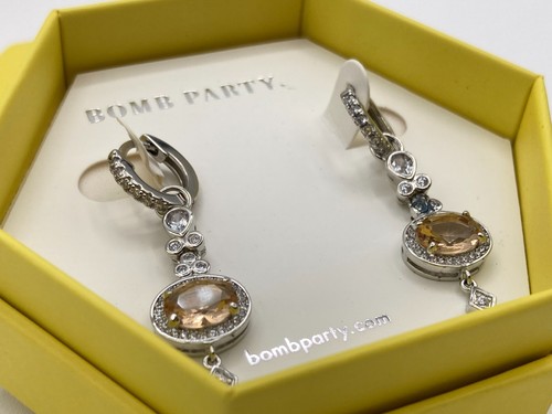 Bomb Party All My Dreams Peach Topaz Earrings Rhodium Plate RBP3401 Hoop Dangle - Picture 2 of 5