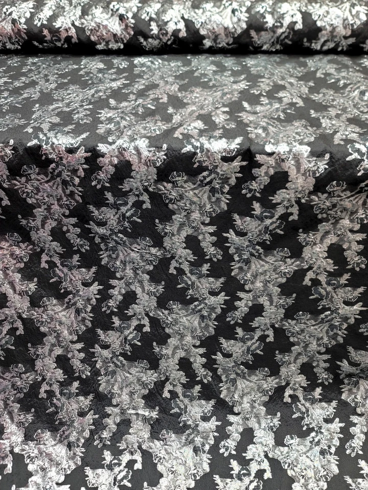 Brocado Negro Organza Metálico Plata Floral Flor Baile de graduación Tela Vendida por Yarda Foto 3 de 4