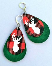 Buffalo Plaid DEER HEAD PU Leather dangle earring SP LEVERBACK XX