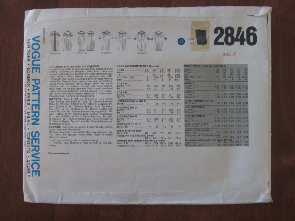 VOGUE PATTERN - 2846 GIRL'S NIGHTGOWN DRESSING GOWN ROBE SLEEPWEAR SIZE 4 UNCUT - Image 2 of 2