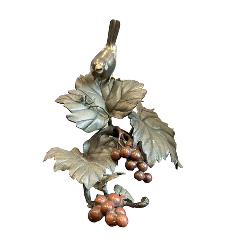 Vintage Bronze Bird on Grape Vine Leaves Antique Sculpture 8" x 8" x 6" Signed