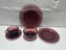 Vintage Duralex Bormioli Rocco Rivage Swirl Amethyst 5 Piece Place Setting EUC