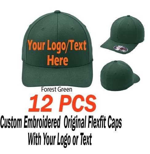  12 Custom Embroidered  Original Flexfit Adult  6-Panel Caps with Logo or Text - Picture 1 of 16