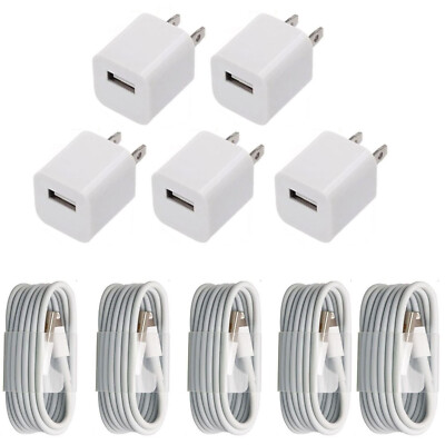 5 X AC Wall USB Home Charger Adapter+Data Sync USB Cord Cable For Apple IPhone
