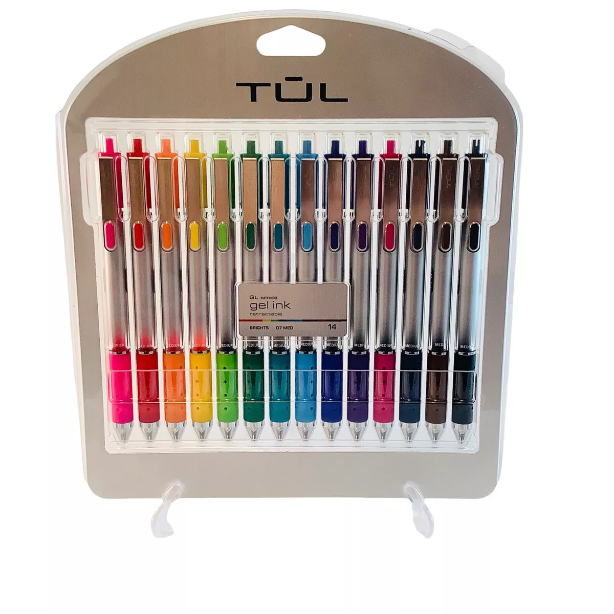 TUL Retractable Gel Pens, Fine Point, 0.5 mm, Silver Barrel, Assorted Bright Inks, Pack of 8 Pens