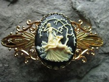 HANDMADE GODDESS DIANA CAMEO GOLD FILIGREE BARRETTE - WOODLAND - DEER - BLACK