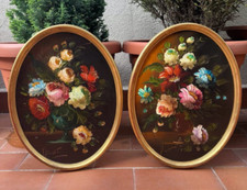 COPPIA DIPINTO OVALE - OLIO SU TELA - FIORI - NATURA MORTA - FIRMA VIOLET - 900