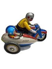 Vintage Collectible Motorcycle With Sidecar Wind-Up Tin Toy w/ Key  Box