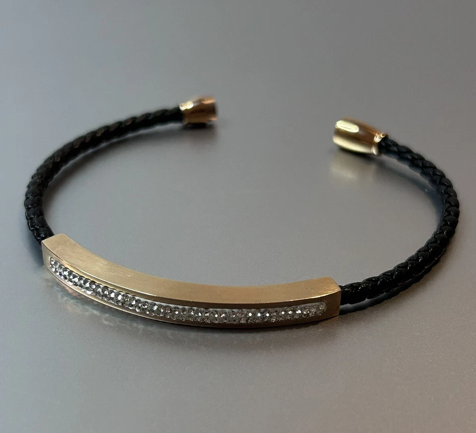 Brazalete Brazalete Cristal Acero Inoxidable/Cuero Color Dorado Usado en Excelente Condición Foto 3 de 4