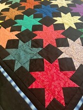 2001 HANDMADE USA QUILT 8 POINT STAR MULTI COLOR BLACK 50X50 BRIGHT FABULOUS