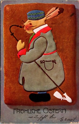 Vintage Easter Postcard  Bunny in Long Grey Coat & Cap Smokes Big German Pipe