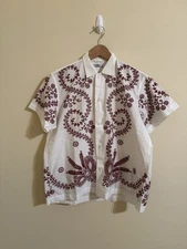 Bode Pilea Embroidered Button Up Shirt White Red Size S/M