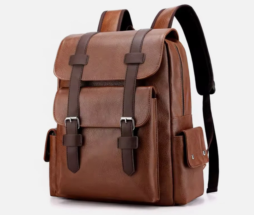Sac à dos homme cuir marron imperméable protégeant PC portable 14"