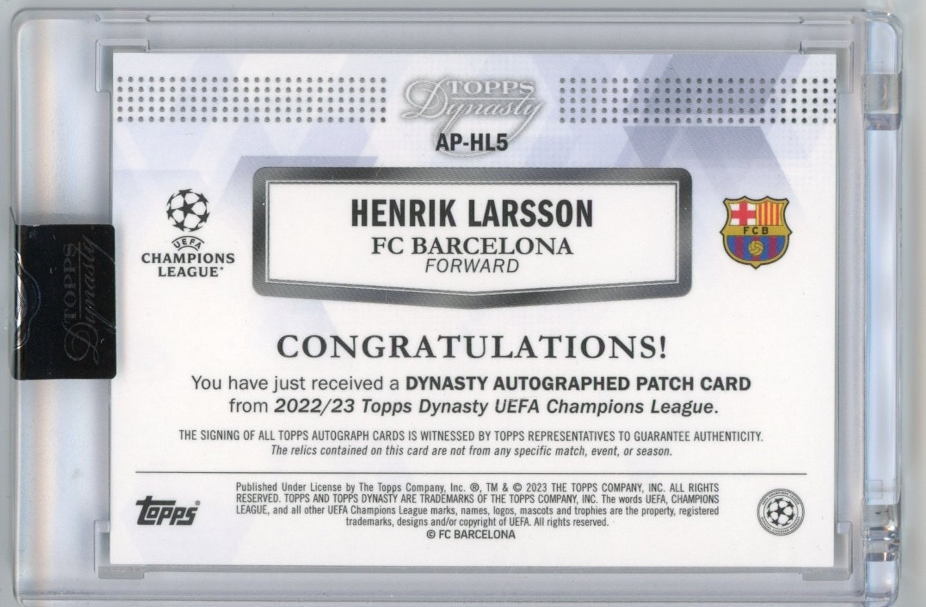 Henrik Larsson 2022-23 Topps Dynasty UCL Patch Auto /5 Barcelona view 2