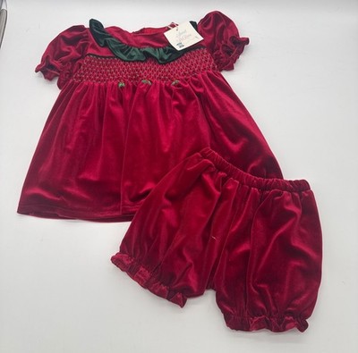 Sweet La Rose Smocked Matching Set 3T Red Green Velvet
