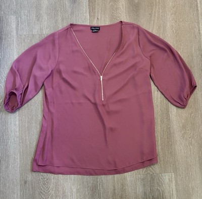 City Chic Women's Plus Size XS 14/16 Mauve Zip Front Chiffon 3/4 Sleeve V-Neck 