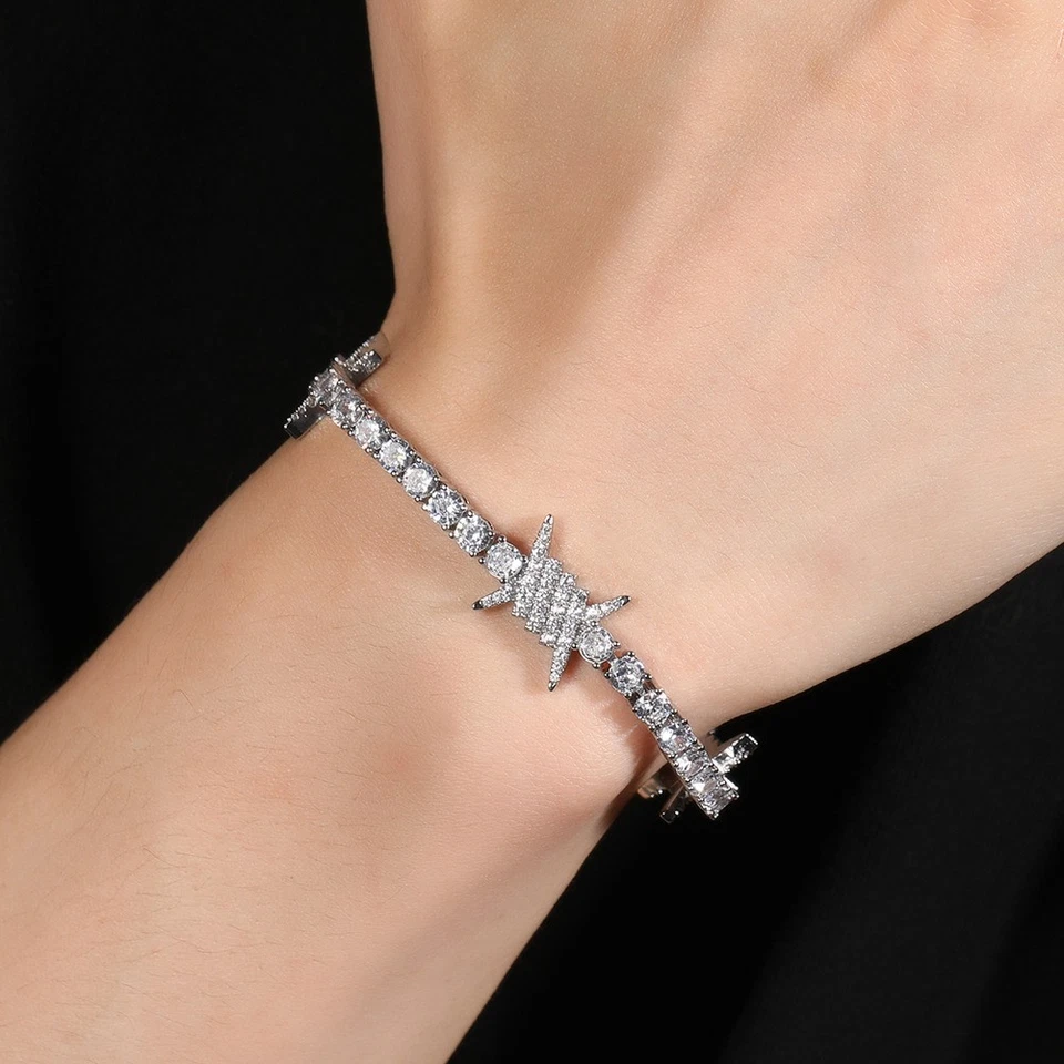 Brazalete de cadena de tenis bling chapado en oro blanco de 7"/8" con circonita cúbica helada de 4 mm para hombre Foto 2 de 4