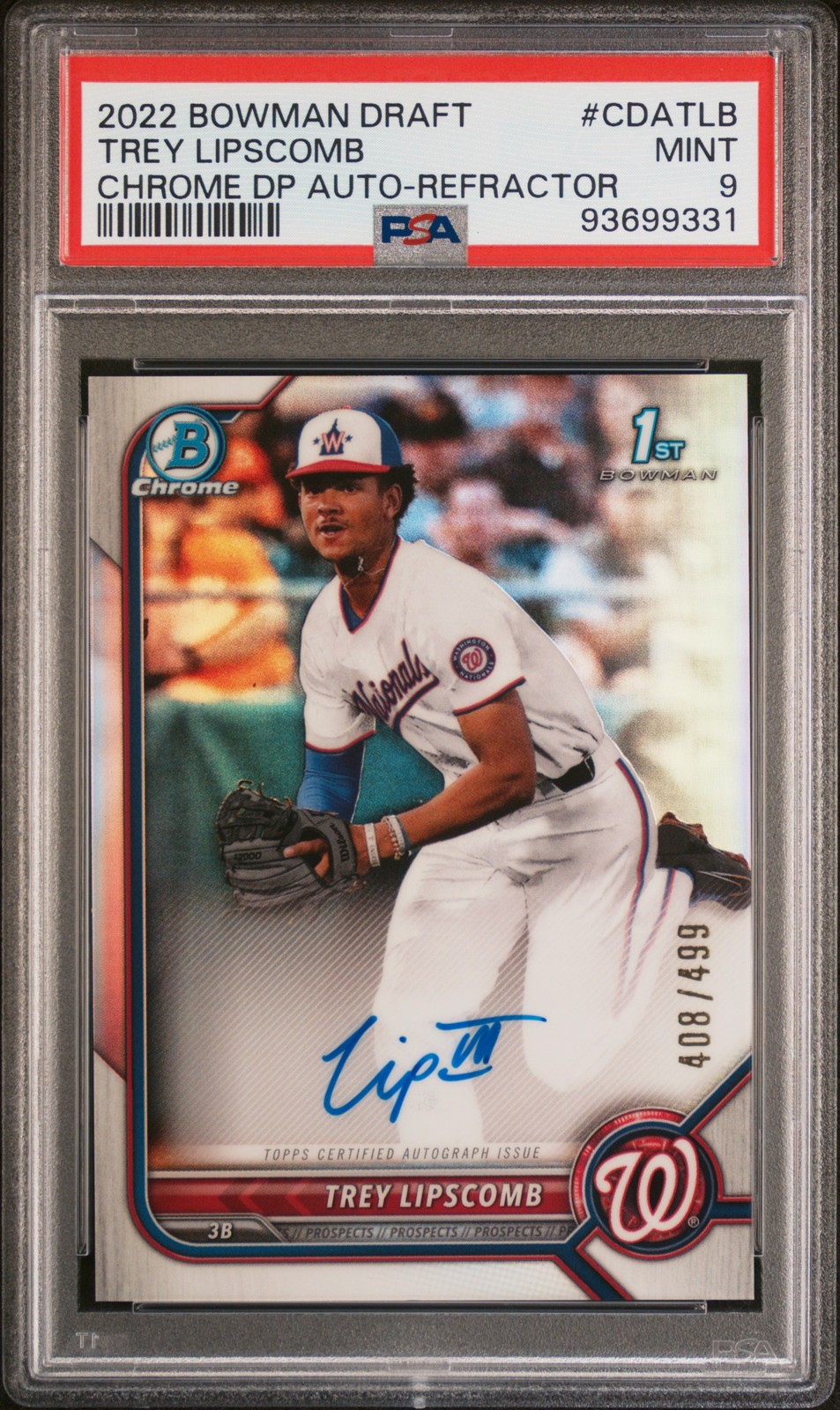 Trey Lipscomb 2022 Bowman Draft 1st Chrome Auto Refractor #CDA-TLB - #/499 PSA 9