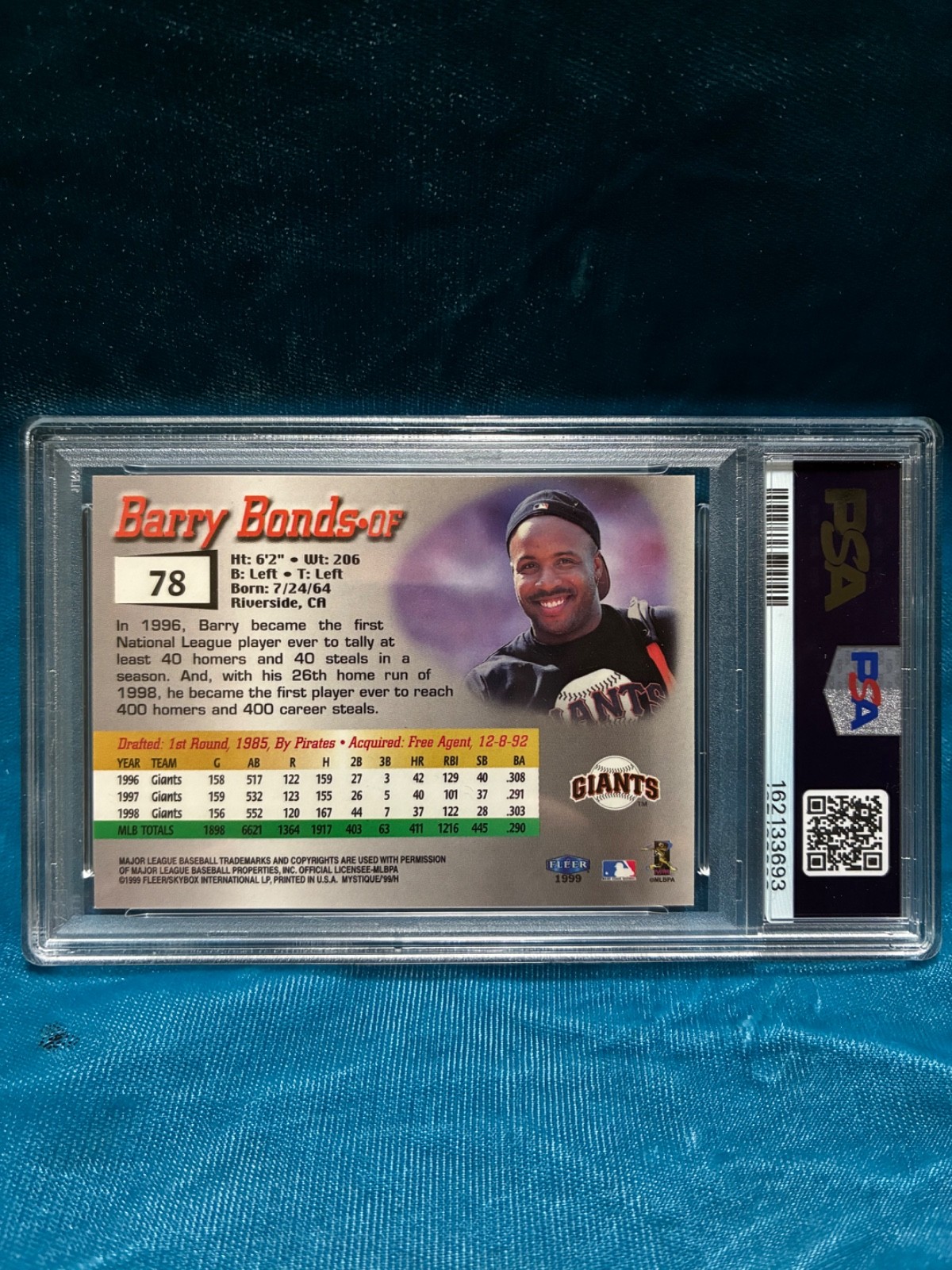 PSA 7 Pop 1 1999 Fleer Mystique #78 Barry Bonds Refractor San Francisco Giants view 2