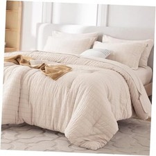 7 Pieces Full Comforter Set, Seersucker Bed in a Bag Full 82"x86" 01 - Beige