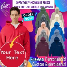 Personalised Embroiderd Gildan Softstyle Midweight Fleece Adult Hoodie Full Zip
