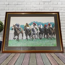 Large Horse Racing Watercolour Painiting Framed Signed Equestrian