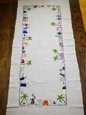 Hand Embroidered Linen Table Runner - Tablebloth Throw-Akhmim Nature Folk Art