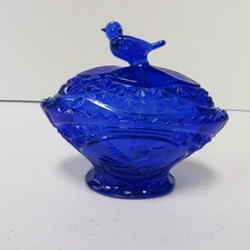 Vintage Cobalt Blue Glass Covered Candy Dish Bird Lid