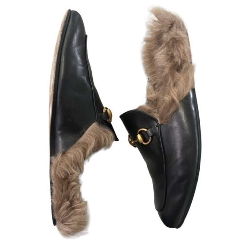 GUCCI Men’s Princetown Lamb Wool Lined Black Leather Slipper Mules Size 9 image 4