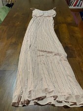Beige beaded Xscape gown with spaghetti straps, size 4