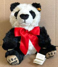 Steiff Panda Teddy Bear Button in Ear Soft Plush 670077 Red Bow 11" Black White