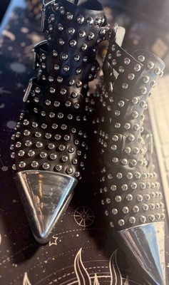 Free People Women s Black Leather Ankle Bootie Studded Buckle Pointed Toe
